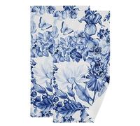 YOCIBIUT - Blue and White Floral Hand Towels Set of 2 for Bathroom Absorbent Microfiber Kitchen Towels Magnolia Flowers Blue Berry 14 x 28 Inches Bath Towels