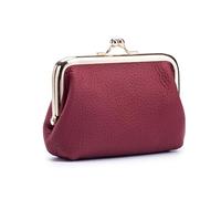 Yocipa Genuine Leather Clip Coin Purse with Key Ring, Multi-Card Slots, Kiss Lock Frame Wallet, Multiple Colors Available, Wine Red, Clip Coin Purse