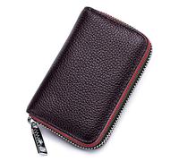 Yocipa RFID Blocking Genuine Leather Credit Card Holder Wallet for Men & Women Small Zipper Card Case with 12 Card Slots Compact Travel Card Organizer, Coffee, 4.1"L x 2.7"W x 0.8"H, Minimalist Rfid