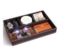 Yocisun Storage Tray, Leather Valet Tray Office Organiser Storage Desk Bedside Organiser Pocket Empty Organiser Men's Accessories for Coins, Stationery, Jewellery, Keys, Watch (Brown)
