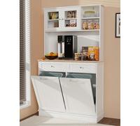 YOCONYO Double Tilt Out Trash Cabinet Storage Cabinet 20 Gallon with Two Solid Wood Hideaway Trash Holder Drawers, Dual Wooden Free Standing Recycling Cabinets Trash Can Bin Kitchen (White)