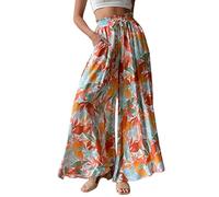 YOCUR Women Summer Beach Vacation Pants High Waisted Wide Leg Pants Printed Loose Flowy Palazzo Lounge Trousers, A01-orange Printing, Large