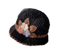 YODAOLI French Thicken Women's Flowers Knitted Woolen Hat, Warm and Windproof Knitted Crochet Beanie Hat with Flower for Women (Black,Free Size)