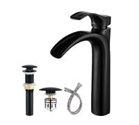 Yodel Faucet Matte Black Bathroom Vessel Sink Faucet Waterfall Spout Tall Single Hole with Brass Anti-Clogging Hair Catcher Pop Up Drain Assembly Without Overflow Lavatory Vanity Faucets Commercial