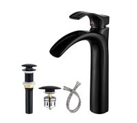 Yodel Faucet Matte Black Bathroom Vessel Sink Faucet Waterfall Spout Tall Single Hole with Brass Anti-Clogging Hair Catcher Pop Up Drain Assembly Without Overflow Lavatory Vanity Faucets Commercial
