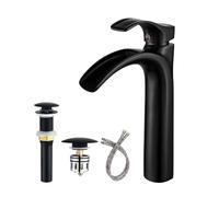 Yodel Faucet Matte Black Bathroom Vessel Sink Faucet Waterfall Spout Tall Single Hole with Brass Anti-Clogging Hair Catcher Pop Up Drain Assembly Without Overflow Lavatory Vanity Faucets Commercial
