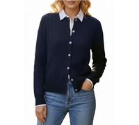 YODNBUK Women's Navy Blue Chunky Cable Knit Cardigan Jumper Sweaters Button Down Open Front Long Sleeve Crew Neck Soft Autumn Coat