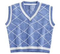 YODNBUK Women's Sleeveless Argyle Sweater Vest UK V-Neck Checkered Cropped Jumper Casual Knitted Sweater Tank Top Blue