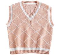 YODNBUK Women's Sleeveless Argyle Sweater Vest UK V-Neck Checkered Cropped Jumper Casual Knitted Sweater Tank Top Pink
