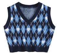 YODNBUK Women's Sleeveless Argyle Sweater Vest UK V-Neck Checkered Cropped Jumper Casual Knitted Sweater Tank Top Navy Blue