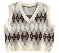 YODNBUK Women's Sleeveless Argyle Sweater Vest UK V-Neck Checkered Cropped Jumper Casual Knitted Sweater Tank Top Light Brown