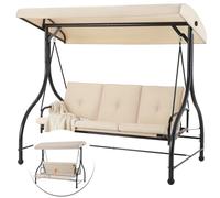 YODOLLA 3 Seater Garden Swing Chair Bed with Adjustable Canopy & Cushions - Outdoor Swing Bench for Patio/Backyard, Beige