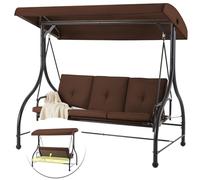 YODOLLA 3 Seater Garden Swing Chair Convertible Bed with Adjustable Canopy & Cushions - Outdoor Swing Bench for Patio/Backyard, Brown