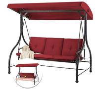 YODOLLA 3 Seater Garden Swing Chair Convertible Bed with Adjustable Canopy & Cushions - Outdoor Swing Bench for Patio/Backyard, Red
