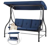 YODOLLA 3 Seater Garden Swing Chair Convertible Bed with Adjustable Canopy & Cushions - Outdoor Swing Bench for Patio/Backyard, Blue