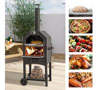 YODOLLA Outdoor Wood Fired BBQ Pizza Maker, 3-Tier Freestanding w/Chimney, Thermometer, Pizza Stone, Wheels & Charcoal Grill for Camping, Backyard Party