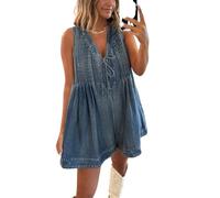 yoeasy Women's Sleeveless V Neck Shorts Denim Romper Tie Front Ruffle Jean Short Overall With Pocket, Dark Blue, Large