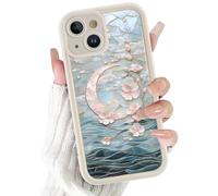 Yoedge Aesthetic Flower Phone Case for iPhone 15 6.1'', Cute Moon Cherry Blossom Ocean Stained Glass Case, Shockproof Soft Slim TPU Full Lens Protective Silicone Cover for Women Girls