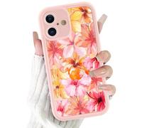 Yoedge Aesthetic Flower Phone Case for iPhone 16 6.1'', Pretty Elegant Orange Pink Hibiscusl Flowers Pattern Design Case, Shockproof Slim Cover with Camera Protection for Women Girls