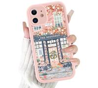 Yoedge Cute Girly Bookstore Phone Case for iPhone 12 6.1'', Aesthetic Trendy Pink Flowers Bicycle Bookshop Pattern Shockproof Soft Slim TPU Full Camera Lens Protective Cover Funda for Women Girls
