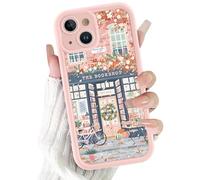 Yoedge Cute Girly Bookstore Phone Case for iPhone 14 6.1'', Aesthetic Trendy Pink Flowers Bicycle Bookshop Pattern Shockproof Soft Slim TPU Full Camera Lens Protective Cover Funda for Women Girls