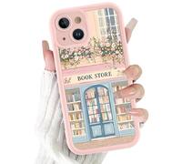 Yoedge Cute Girly Bookstore Phone Case for iPhone 15 Flower 6.1'', Aesthetic Trendy Pink Floral Bookshop Pattern Shockproof Soft Slim TPU Full Camera Lens Protective Cover Funda for Women Girls