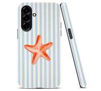 Yoedge Light Blue White Stripe Orange Starfish Phone Case for Samsung Galaxy A17 6.7'', Coastal Nautical Protective Cover, Hard PC Soft TPU 2 in 1 Shockproof, Cute Summer Starfish Case for Women