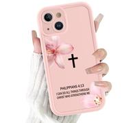 Yoedge Phone Case for iPhone 15 6.1'', Hibiscus Flower Cross Philippians 4:13 Bible Verse Designed for Women Girls Men, Full Camera Protection Slim Fit Soft TPU Shockproof Protective Cover - Pink