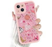 Yoedge Western Cowgirl Phone Case for iPhone 15 6.1'', Cute Pink Disco Cowboy Boots Pattern Case, Full Camera Protection Slim-Fit Soft TPU Shockproof Protective Cover for Woman Men Girls