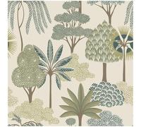 YöL Akiko Green Wallpaper - Foliage Botanical Trees Jungle Leaves - Cream Brown Gold - Washable Paste The Paper - Feature Wall - Bedroom Living Room Dinning Room