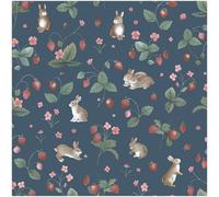 YöL Bunnies Berries Navy Wallpaper - Washable Paste The Paper - Contemporary Versatile - Kids Bedroom Nursery - Feature Statement Wall - Animal Print Botanical - Playful