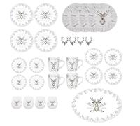 YöL Christmas Tableware Set For 4 Silver Stag Design Festive Table Decoration Dinner Plate, Side Plate, Bowls, Mugs, Drinks Glasses, Napkin Rings - 29pc