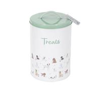 YöL Dog Treat Tin with Lid & Handle Pet Puppy Food Storage Container Snack Reward Tub White Green Illustrated Dog Print