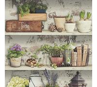 YöL Flower Pots Wallpaper Garden Rustic Shelves Green Grey White 10m Roll | With realistic detail, ideal for a contemporary feature wall in a bedroom, dining room or living room, 42cm offset match