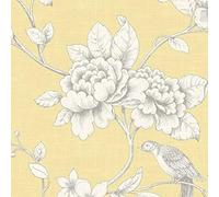 YöL Full Roll Ellis Yellow Wallpaper Floral Birds Linen Effect Metallic