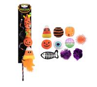 YöL Halloween Cat Toy Pack with 10 Spooky Swatters Catnip Balls Plush and Pom Poms Plus Interactive 41cm Teaser Wand with Orange Mouse and Bell for Active Play and Enrichment
