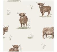 YöL Highland Cow Pattern Wallpaper with Watercolour Farm Animal Design on Soft Neutral Background, Smooth Wall Covering for Living Room Bedroom Nursery or Feature Wall Interior Décor