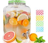 YöL Large Glass Drinks Dispenser 8L Party BBQ Outdoor Style with Tap and Green Lid Easy Filling Wide Mouth Summer Cocktail Juice Water Carafe Jug