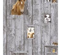 YöL Little Stars Animals Wallpaper - Grey Wood Planks - Farm Sheep Horse Dog - Feature Wall Contemporary - Paste The Wall
