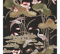 YöL Lotus Pond Black Wallpaper - Floral Crane Bird Lily Pads Crabs Silk Textured Paste The Wall Modern Non-Woven Vinyl