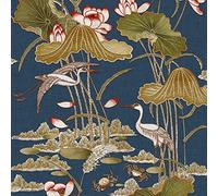 YöL Lotus Pond Navy Wallpaper - Floral Crane Bird Lily Pads Crabs Silk Textured Paste The Wall Modern Non-Woven Vinyl