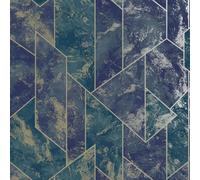 YöL Navy Zarci Geometric Wallpaper - Luxurious Marbled Texture Metallic Outline - Deep Blue Teal Abstract Pattern - Scrubbable Strippable Paste The Wall - Contemporary Modern Elegant Home Decor