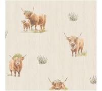 YöL Neutral Wallpaper Highland Cows Animal Country Farmhouse Cottagecore Design with Subtle Woodgrain Effect Feature Wall for Living Room Bedroom Hallway Smooth Paper Finish