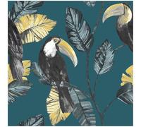 YöL Non Woven Phane Teal Wallpaper - Bird Jungle Botanical - 10.05m x 53cm Roll - Paste The Wall Washable - Bedroom Living Room Lounge - Feature Statement Wall - Contemporary Versatile Sophisticated