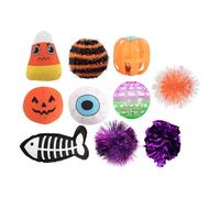 YöL Pack of 10 Halloween Themed Cat Toys - Kitten Catnip Infused Jingle Tinsel Plush Stimulating Interactive Play - Orange Purple Fish Skeleton Pumpkin Eyeball