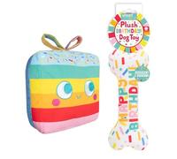 YöL Pack of 2 Dog Birthday Toys - Pet Puppy Celebration Party Bone Present - Colourful Super Soft Plush Squeaker Crinkle Effect - Stimulating Interactive Play