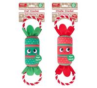 YöL Pack of 2 Green Red Plush Christmas Cracker Pet Dog Puppy Toy Squeaker Chew Rope Tug of War Festive Stimulating Interactive Play
