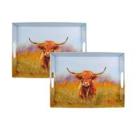 YöL Pack of 2 Highland Cow Serving Tray Design - Drinks Food Snacks Carrier With Handles - Plastic Melamine - Breakfast Lunch Dinner Summer Dining Watercolour Animal Print