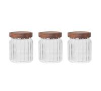 YöL Pack of 3 400ml Glass Storage Container Wooden Lid With Silicone Seal Modern Ribbed Finish - Dry Food Storage Jar Tea Coffee Sugar Flour Oats Pasta Cereal Kitchen