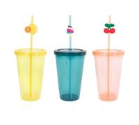 YöL Pack of 3 Plastic Drinks 725ml Tumblers With Straws Lids Summer Outdoor Picnic Orange Blue Yellow Reusable Cocktails Party